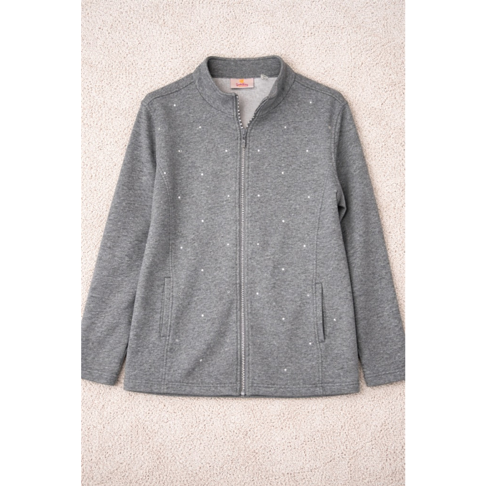 Quacker Factory Gray Rhinestone Zip Jacket Women’s Large Sparkle Sweatshirt
